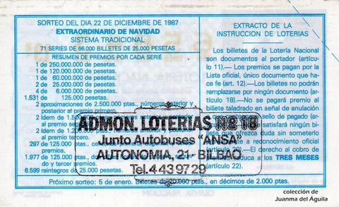 Reverso del décimo de Lotería Nacional de 1987 Sorteo 51
