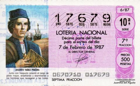 Décimo de Lotería Nacional de 1987 Sorteo 6 - «VICENTE YAÑEZ PINZON»