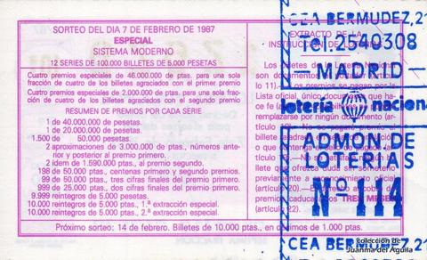 Reverso décimo de Lotería 1987 / 6
