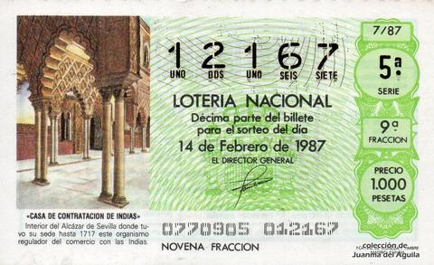 Décimo de Lotería Nacional de 1987 Sorteo 7 - «CASA DE CONTRATACION DE INDIAS»