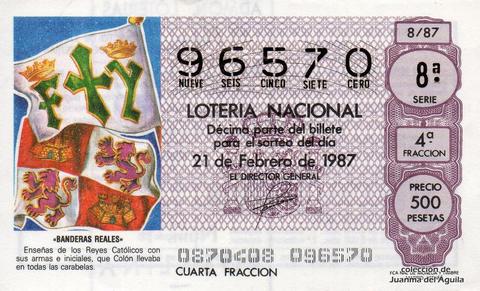 Décimo de Lotería Nacional de 1987 Sorteo 8 - «BANDERAS REALES»