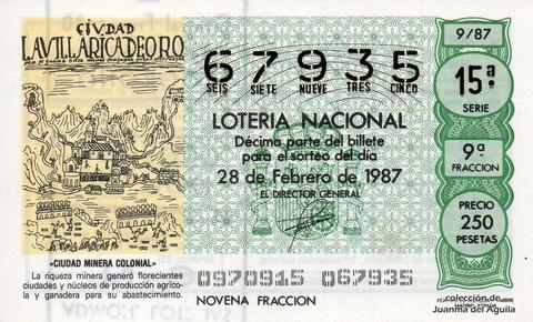 Décimo de Lotería Nacional de 1987 Sorteo 9 - «CIUDAD MINERA COLONIAL»
