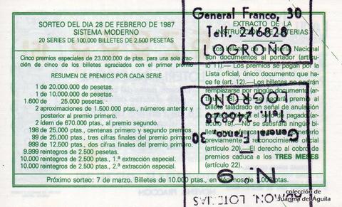 Reverso del décimo de Lotería Nacional de 1987 Sorteo 9