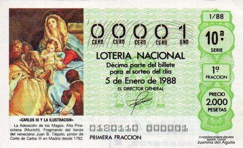 Décimo de Lotería Nacional de 1988 Sorteo 1 - «CARLOS III Y LA ILUSTRACION» - LA ADORACION  DE LOS MAGOS (JUAN B. TIEPOLO)