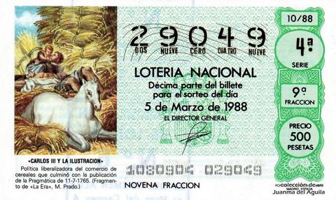 Décimo de Lotería Nacional de 1988 Sorteo 10 - «CARLOS III Y LA ILUSTRACION» - FRAGMENTO DE «LA ERA», MUSEO DEL PRADO