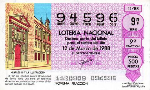 Décimo de Lotería Nacional de 1988 Sorteo 11 - «CARLOS III Y LA ILUSTRACION» - PLAN DE ESTUDIOS PARA LA UNIVERSIDAD DE SEVILLA
