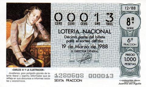 Décimo de Lotería Nacional de 1988 Sorteo 12 - «CARLOS III Y LA ILUSTRACION» - JOVELLANOS, GRAN POLIGRAFO GIJONES