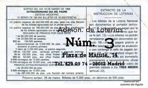 Reverso del décimo de Lotería Nacional de 1988 Sorteo 12
