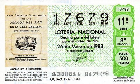 Décimo de Lotería Nacional de 1988 Sorteo 13 - «CARLOS III Y LA ILUSTRACION» - REAL SOCIEDAD BASCONGADA (S. XVIII)