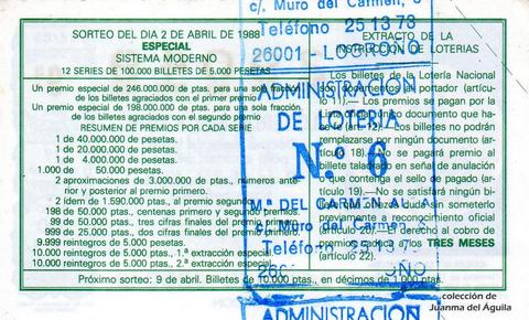 Reverso del décimo de Lotería Nacional de 1988 Sorteo 14