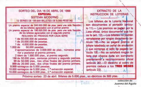 Reverso del décimo de Lotería Nacional de 1988 Sorteo 16