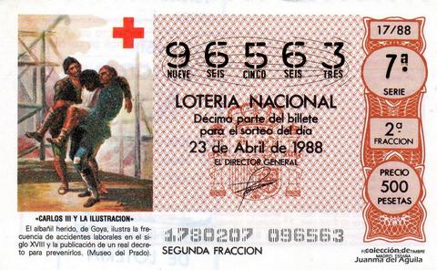Décimo de Lotería Nacional de 1988 Sorteo 17 - «CARLOS III Y LA ILUSTRACION» - EL ALBAÑIL HERIDO, DE GOYA