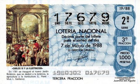 Décimo de Lotería Nacional de 1988 Sorteo 19 - «CARLOS III Y LA ILUSTRACION» - INAUGURACION DEL NUEVO JARDIN BOTANICO (1781)