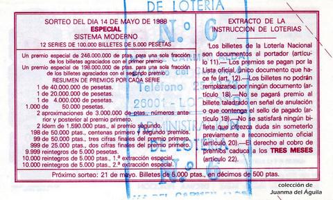 Reverso del décimo de Lotería Nacional de 1988 Sorteo 20