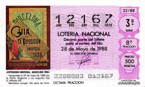 Décimo de Lotería Nacional de 1988 Sorteo 22 - «EXPOSICION UNIVERSAL. BARCELONA 1888»