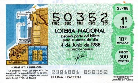 Décimo de Lotería Nacional de 1988 Sorteo 23 - «CARLOS III Y LA ILUSTRACION» - PLANO AMPLIACION ARSENAL DE EL FERROL, 1761