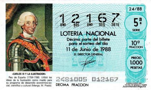 Décimo de Lotería Nacional de 1988 Sorteo 24 - «CARLOS III Y LA ILUSTRACION» - CARLOS III. REY DE ESPAÑA (1759-1788)