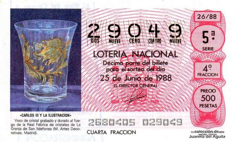 Décimo de Lotería Nacional de 1988 Sorteo 26 - «CARLOS III Y LA ILUSTRACION» - VASO DE CRISTAL GRABADO Y DORADO AL FUEGO