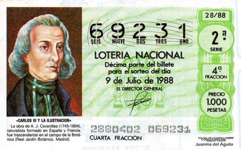 Décimo de Lotería Nacional de 1988 Sorteo 28 - «CARLOS III Y LA ILUSTRACION» - A.J. CAVANILLES (1745-1804). NATURALISTA