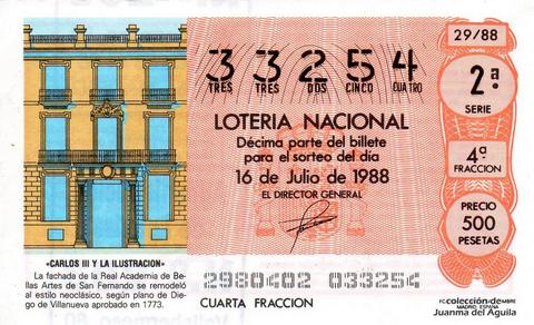 Décimo de Lotería Nacional de 1988 Sorteo 29 - «CARLOS III Y LA ILUSTRACION» - FACHADA DE LA REAL ACADEMIA DE BELLAS ARTES DE SAN FERNANDO