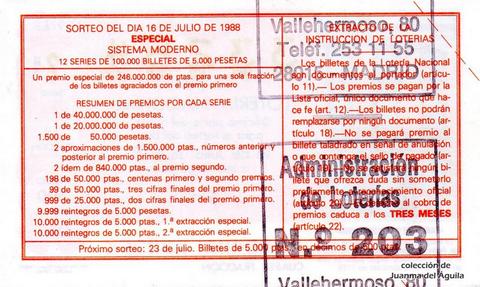 Reverso del décimo de Lotería Nacional de 1988 Sorteo 29