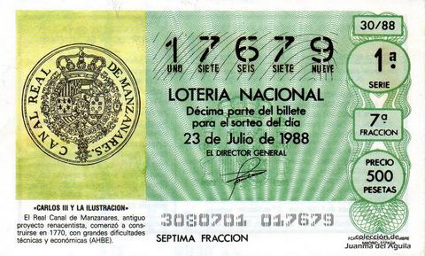 Décimo de Lotería Nacional de 1988 Sorteo 30 - «CARLOS III Y LA ILUSTRACION» - REAL CANAL DE MANZANARES, COMENZO A CONSTRUIRSE EN 1770