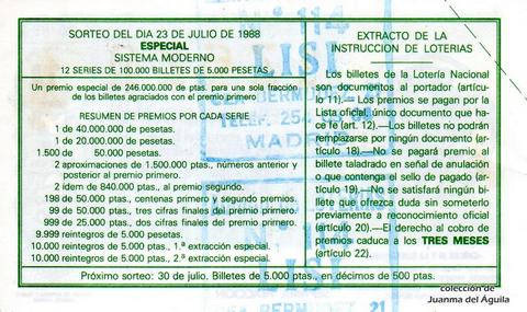 Reverso del décimo de Lotería Nacional de 1988 Sorteo 30