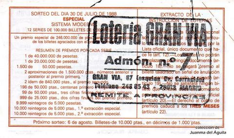 Reverso del décimo de Lotería Nacional de 1988 Sorteo 31