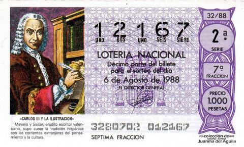 Décimo de Lotería Nacional de 1988 Sorteo 32 - «CARLOS III Y LA ILUSTRACION» - MAYANS Y SISCAR, ERUDITO ESCRITOR VALENCIANO