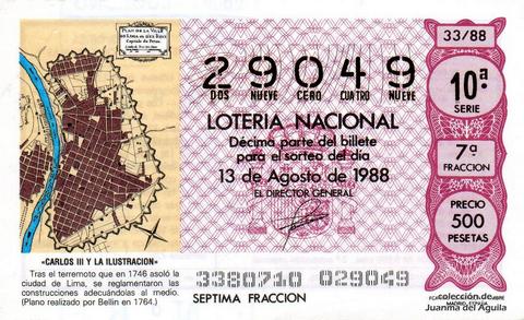 Décimo de Lotería Nacional de 1988 Sorteo 33 - «CARLOS III Y LA ILUSTRACION» - CIUDAD DE LIMA. (PLANO REALIZADO POR BERLIN EN 1764)