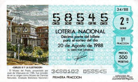 Décimo de Lotería Nacional de 1988 Sorteo 34 - «CARLOS III Y LA ILUSTRACION» - MUSEO DEL PRADO, PROYECTADO POR JUAN DE VILLANUEVA EN 1785