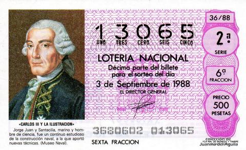 Décimo de Lotería Nacional de 1988 Sorteo 36 - «CARLOS III Y LA ILUSTRACION» - JORGE JUAN Y SANTACILIA, MARINO Y HOMBRE DE CIENCIA