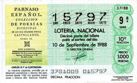 Décimo de Lotería Nacional de 1988 Sorteo 37 - «CARLOS III Y LA ILUSTRACION» - LA IMPRENTA ESPAÑOLA, CONTARA A PARTIR DE 1763 CON GRANDES IMPRESORES Y LIBREROS