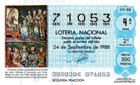 Décimo de Lotería Nacional de 1988 Sorteo 39 - PRIMERAS CORTES CELEBRADAS EN LA CIUDAD DE LEON