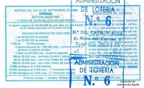 Reverso del décimo de Lotería Nacional de 1988 Sorteo 39