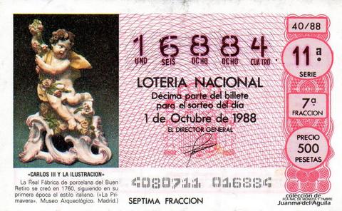Décimo de Lotería Nacional de 1988 Sorteo 40 - «CARLOS III Y LA ILUSTRACION» - REAL FABRICA DE PORCELANA DEL BUEN RETIRO, CREADA EN 1760