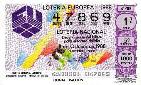 Décimo de Lotería Nacional de 1988 Sorteo 41 - «SORTEO EUROPEO. LOGOTIPO»
