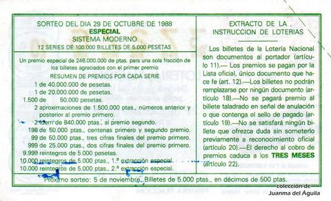 Reverso del décimo de Lotería Nacional de 1988 Sorteo 44