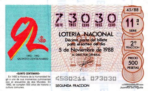 Décimo de Lotería Nacional de 1988 Sorteo 45 - «QUINTO CENTENARIO»