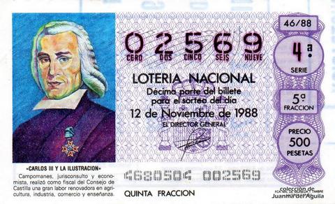Décimo de Lotería Nacional de 1988 Sorteo 46 - «CARLOS III Y LA ILUSTRACION» - CAMPOMANES. JURISCONSULTO Y ECONOMISTA