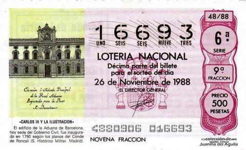 Décimo de Lotería Nacional de 1988 Sorteo 48 - «CARLOS III Y LA ILUSTRACION» - EDIFICIO DE LA ADUANA DE BARCELONA. INAUGURADO EN 1790