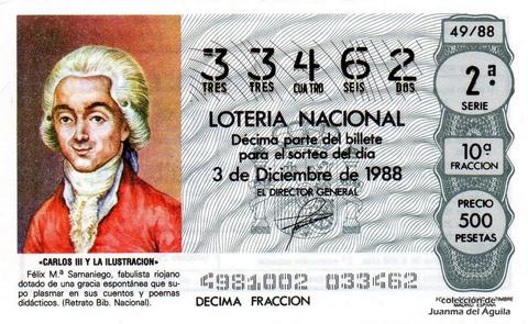 Décimo de Lotería Nacional de 1988 Sorteo 49 - «CARLOS III Y LA ILUSTRACION» - FELIX M.ª SAMANIEGO. FABULISTA RIOJANO