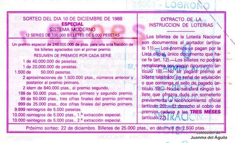 Reverso del décimo de Lotería Nacional de 1988 Sorteo 50