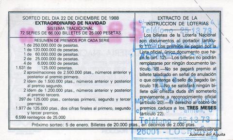 Reverso décimo de Lotería 1988 / 51