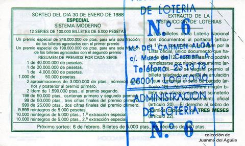 Reverso del décimo de Lotería Nacional de 1988 Sorteo 5