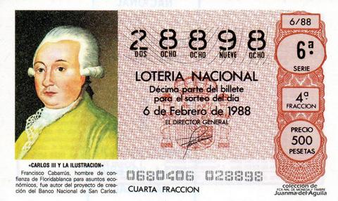 Décimo de Lotería Nacional de 1988 Sorteo 6 - «CARLOS III Y LA ILUSTRACION» - FRANCISCO CABARRUS