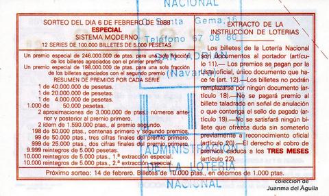 Reverso del décimo de Lotería Nacional de 1988 Sorteo 6