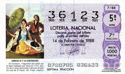 Décimo de Lotería Nacional de 1988 Sorteo 7 - «CARLOS III Y LA ILUSTRACION» - «EL QUITASOL». REALIZADO POR GOYA EN 1777