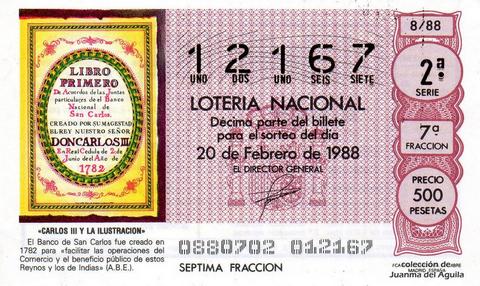 Décimo de Lotería Nacional de 1988 Sorteo 8 - «CARLOS III Y LA ILUSTRACION» - BANCO DE SAN CARLOS, CREADO EN 1782