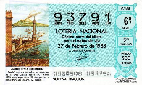 Décimo de Lotería Nacional de 1988 Sorteo 9 - «CARLOS III Y LA ILUSTRACION» - REY DE LAS DOS SICILIAS DESDE 1734 HASTA 1759
